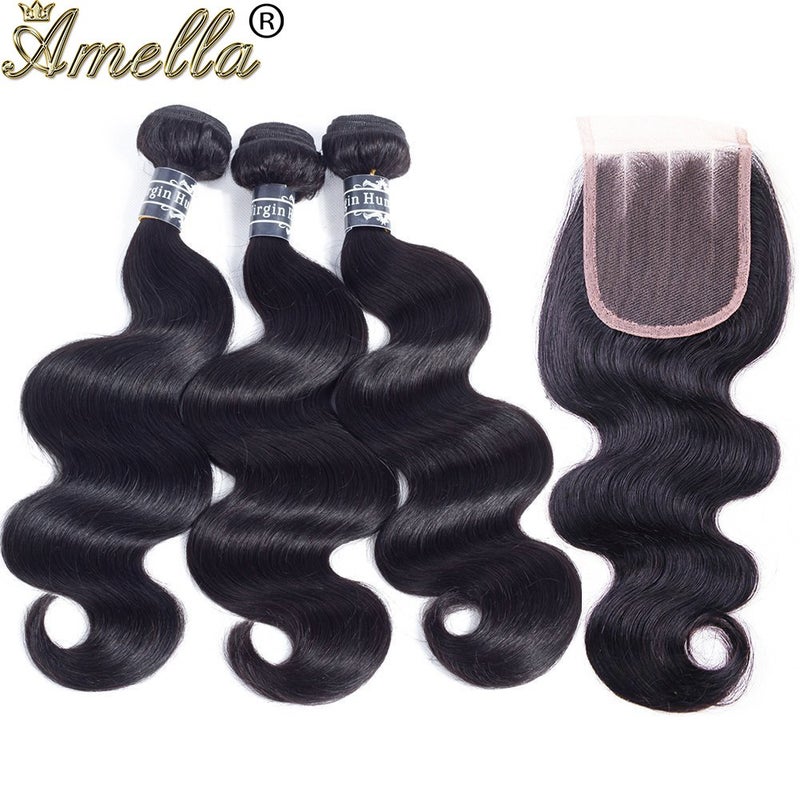 Amella Hair 8A Brazilian Body Wave with Lace Closure (12 14 16+10 Three part) 100% Unprocessed Virgin Brazilian Body Wave Human Hair Extensions with 4x4 Lace Closure Natural Color 315g in Total - Image 2